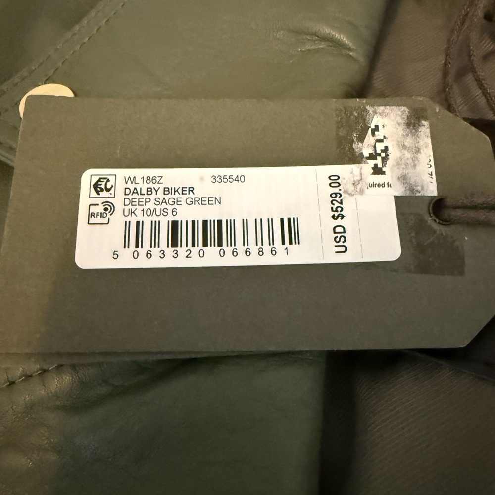 All Saints Dalby Biker 100% lamb leather moto jacket sage green size 6 NWT - Picture 9 of 14